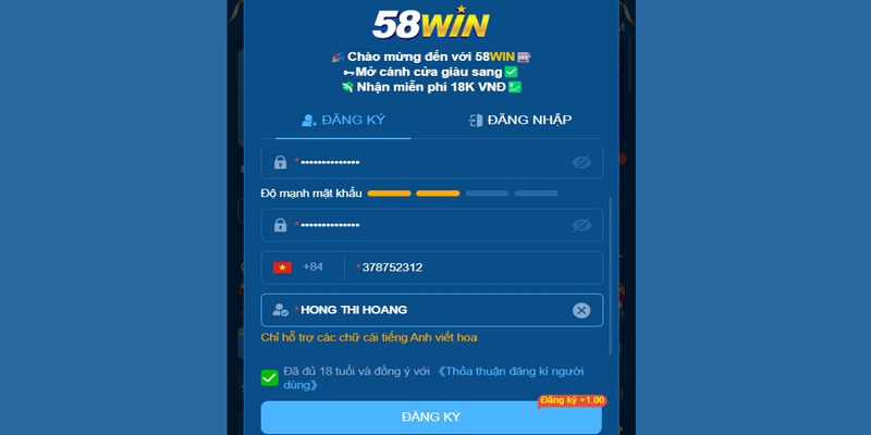 Hướng dẫn chi tiết cách đăng ký tài khoản tại 58win