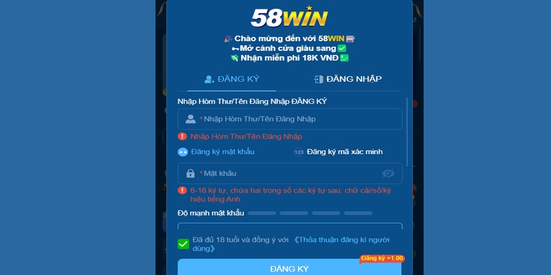 Một số lưu ý khi đăng ký tài khoản 58win